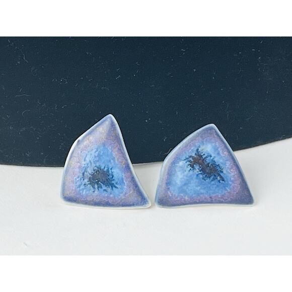 Karla Jordan Triangle Handcrafted Pierced Earrings Purple Ceramic Porcelain Blue - Picture 8 of 13